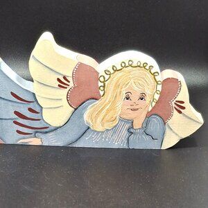 Vintage American Tole Painted Angel  11 1/2 in Wide Wood Painted Both Sides